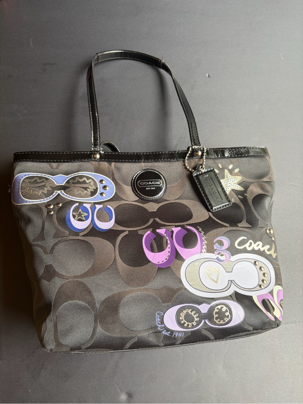Coach Poppy Signature Applique Glam Tote Black Purple Sequin Star Studded F17587